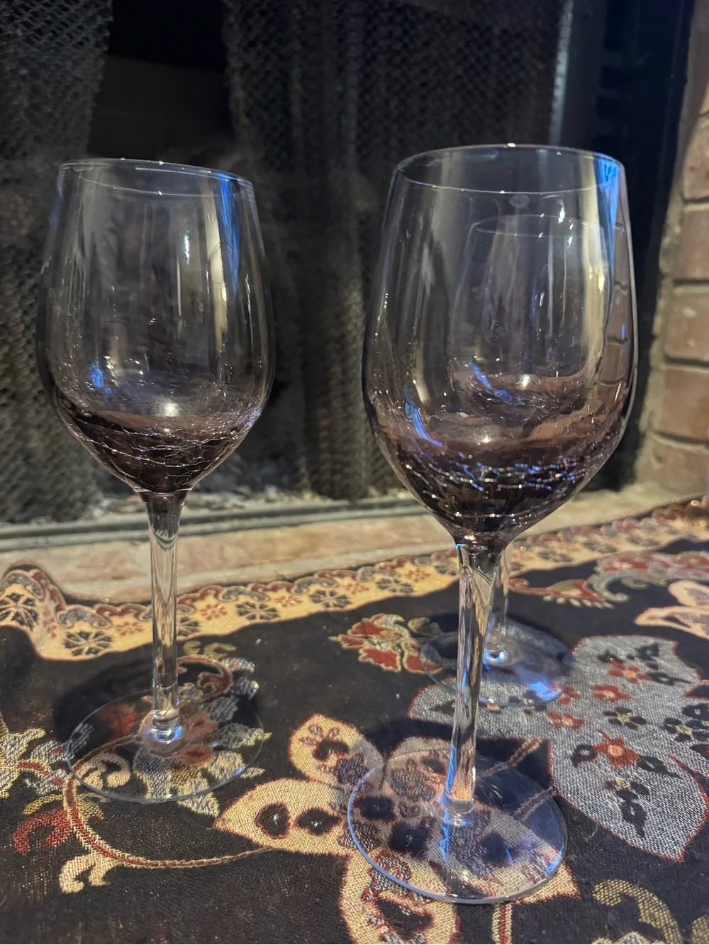 Pier 1 Imports Purple Crackle Wine Glasses Amethyst Hand Blown Clear Stem
